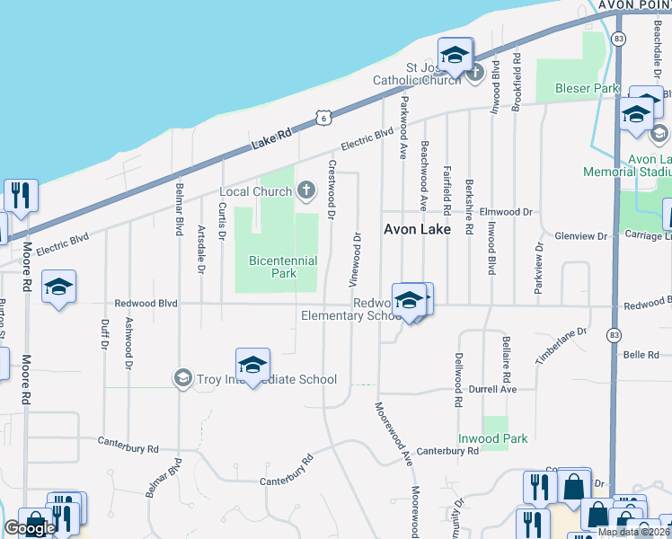 map of restaurants, bars, coffee shops, grocery stores, and more near 221 Crestwood Drive in Avon Lake