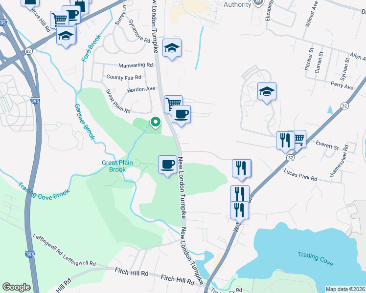 map of restaurants, bars, coffee shops, grocery stores, and more near 658 New London Turnpike in Norwich