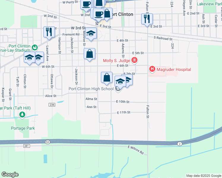 map of restaurants, bars, coffee shops, grocery stores, and more near 807 Jefferson Street in Port Clinton