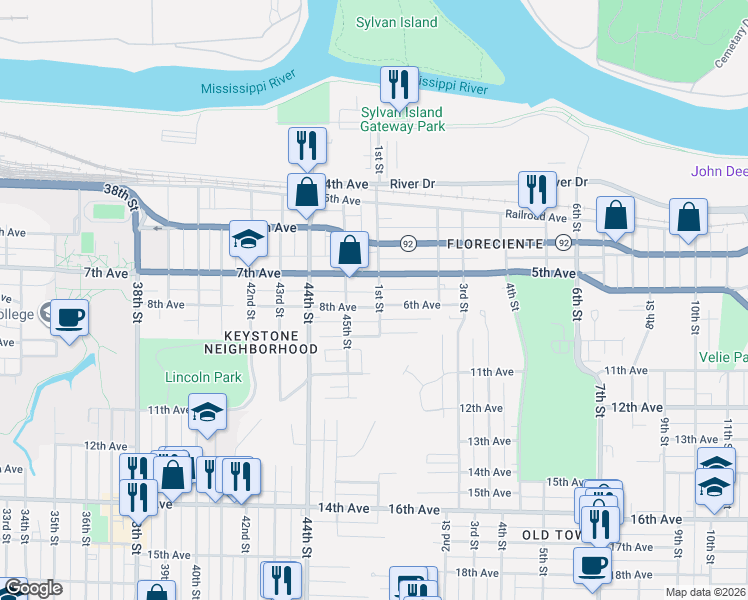 map of restaurants, bars, coffee shops, grocery stores, and more near 4529 8th Avenue in Rock Island