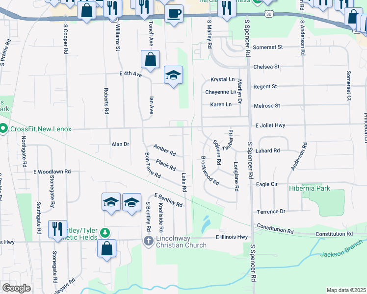 map of restaurants, bars, coffee shops, grocery stores, and more near 724 Lake Road in New Lenox