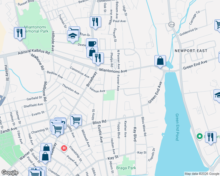 map of restaurants, bars, coffee shops, grocery stores, and more near 36 Vernon Avenue in Newport