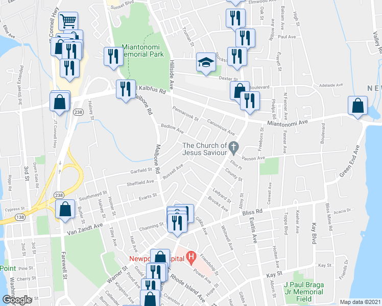 map of restaurants, bars, coffee shops, grocery stores, and more near 20 Thurston Avenue in Newport