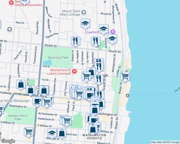 map of restaurants, bars, coffee shops, grocery stores, and more near 86 Chambers Street in Newburgh