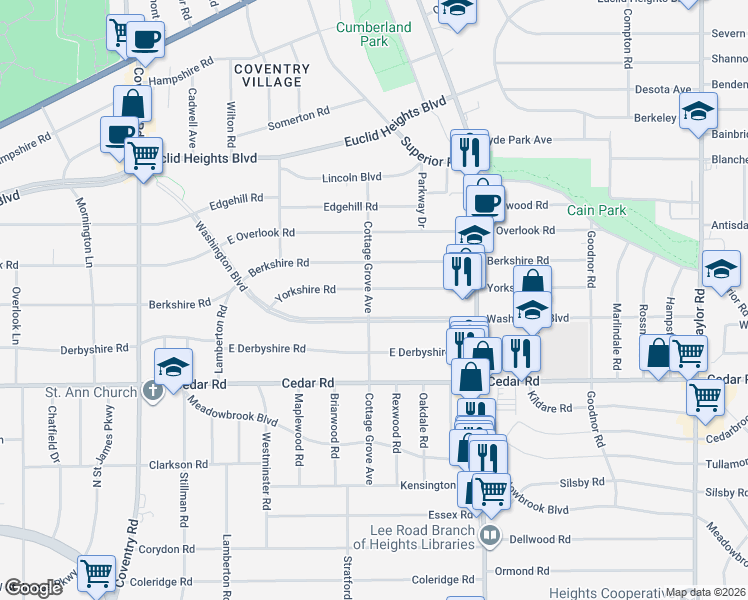 map of restaurants, bars, coffee shops, grocery stores, and more near 3075 Washington Boulevard in Cleveland Heights