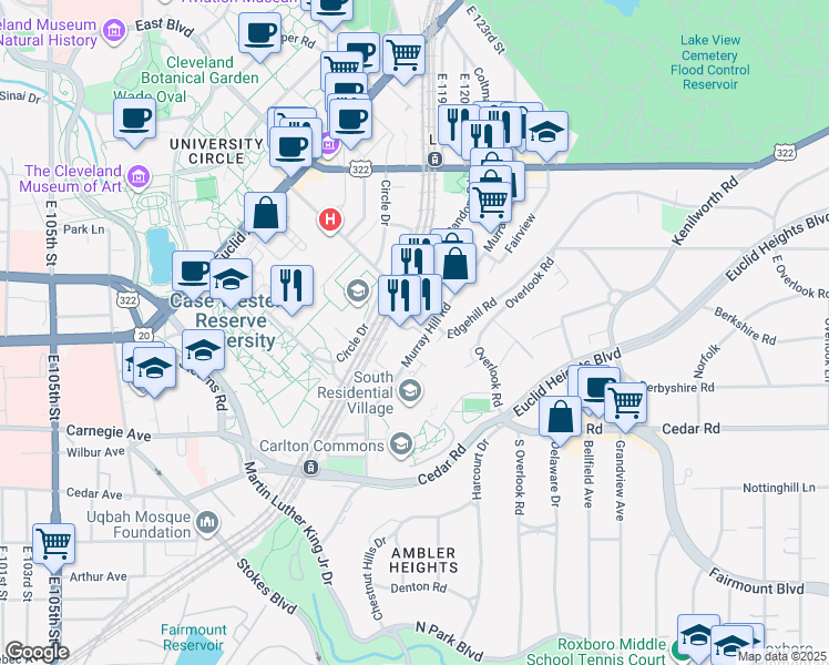 map of restaurants, bars, coffee shops, grocery stores, and more near 2220 Murray Hill Road in Cleveland