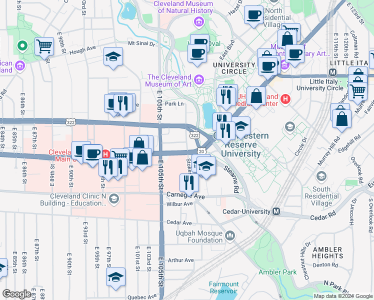 map of restaurants, bars, coffee shops, grocery stores, and more near in Cleveland