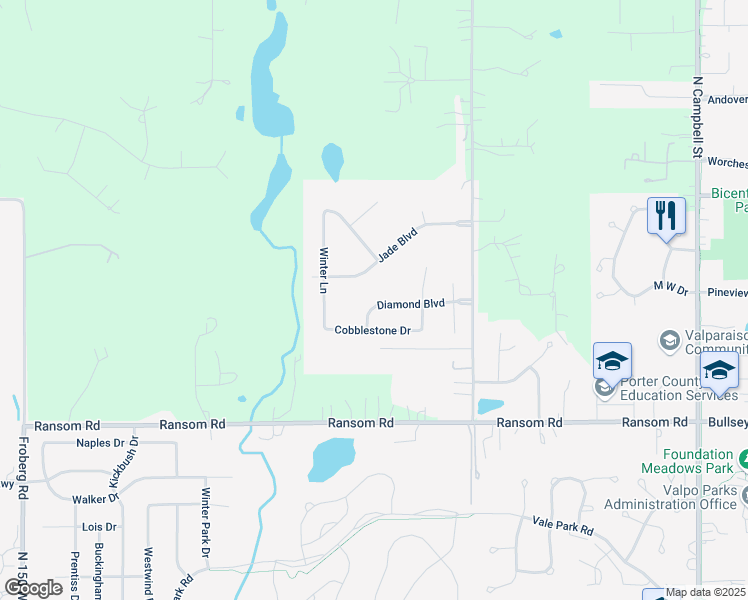 map of restaurants, bars, coffee shops, grocery stores, and more near 1551 Diamond Boulevard in Valparaiso