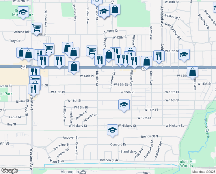 map of restaurants, bars, coffee shops, grocery stores, and more near 467 West 15th Place in Chicago Heights