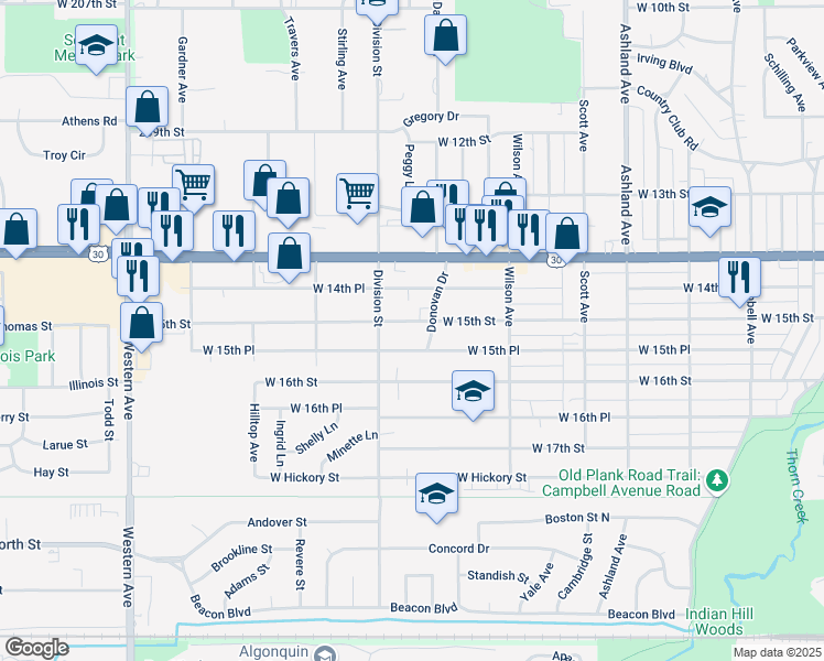 map of restaurants, bars, coffee shops, grocery stores, and more near 467 West 15th Place in Chicago Heights
