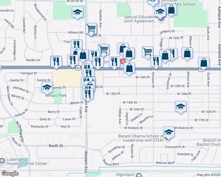map of restaurants, bars, coffee shops, grocery stores, and more near 647 West 15th Place in Chicago Heights