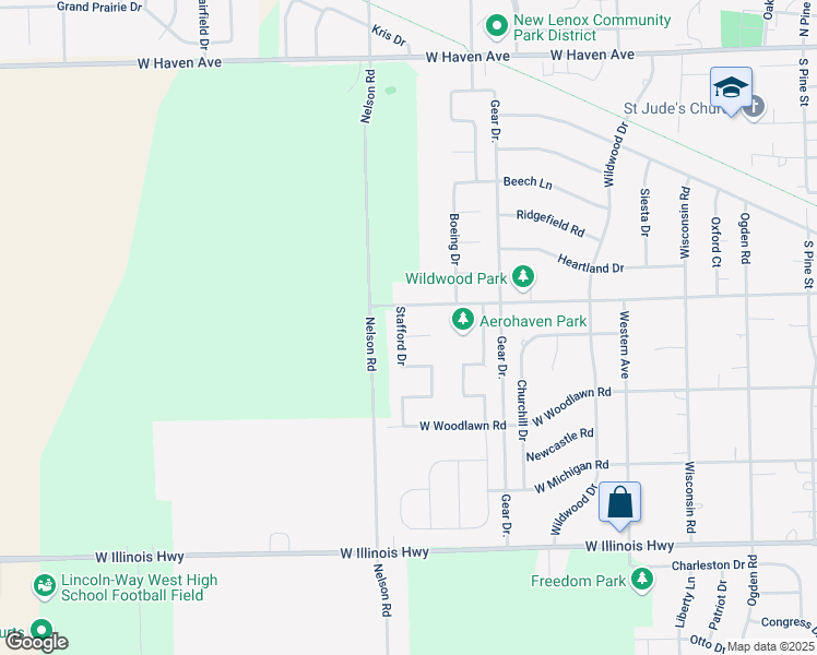 map of restaurants, bars, coffee shops, grocery stores, and more near 513 Stafford Drive in New Lenox