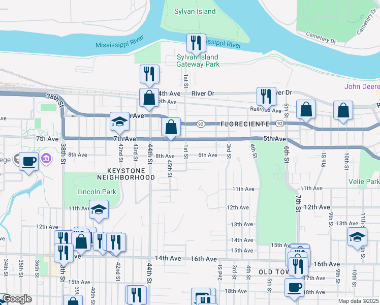 map of restaurants, bars, coffee shops, grocery stores, and more near 610 1st Street in Moline
