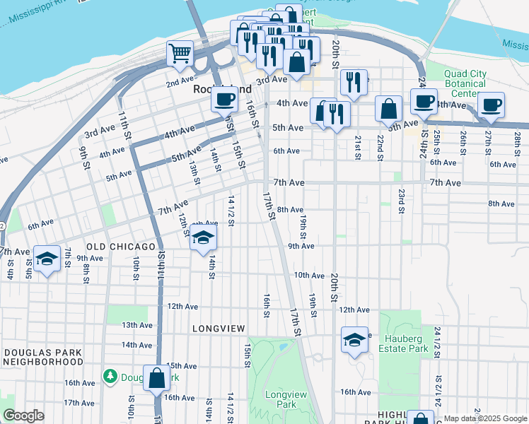 map of restaurants, bars, coffee shops, grocery stores, and more near 760 17 St/1519 8 Avenue in Rock Island