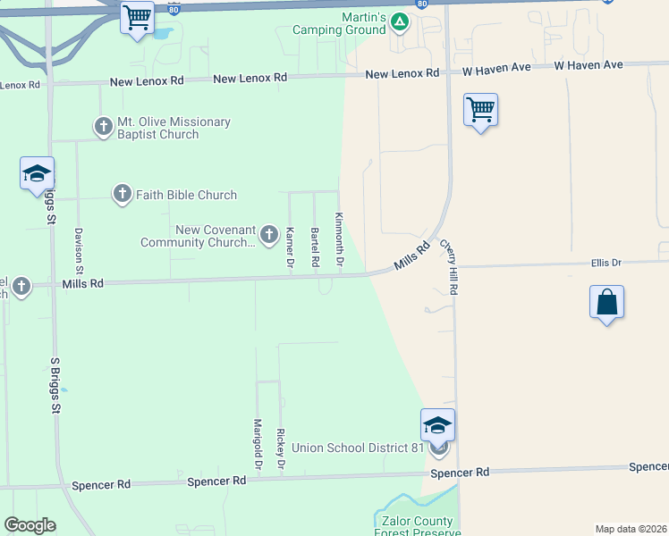 map of restaurants, bars, coffee shops, grocery stores, and more near 1115 Kinmonth Drive in Joliet