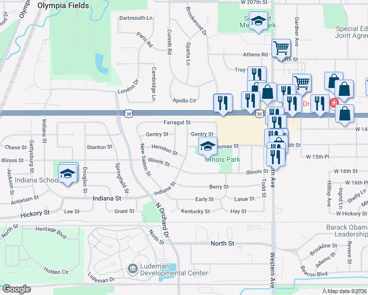 map of restaurants, bars, coffee shops, grocery stores, and more near 416 Indiana Street in Park Forest