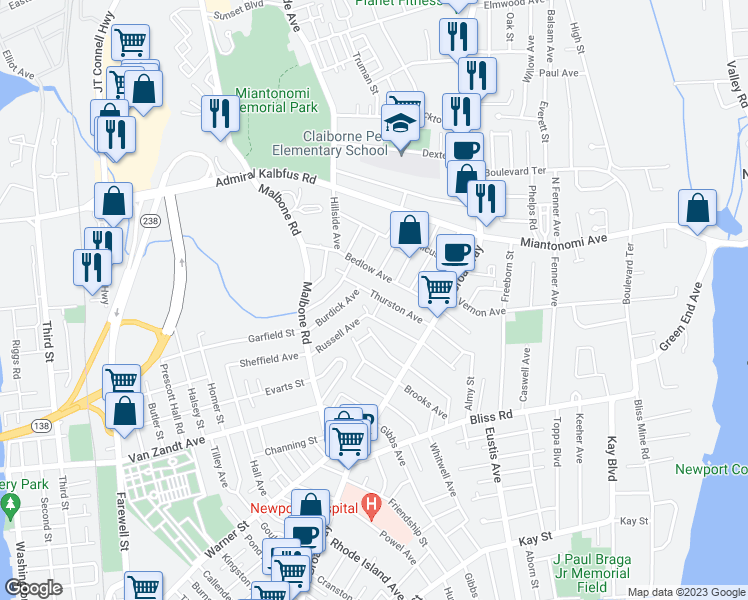 map of restaurants, bars, coffee shops, grocery stores, and more near 28 Thurston Avenue in Newport
