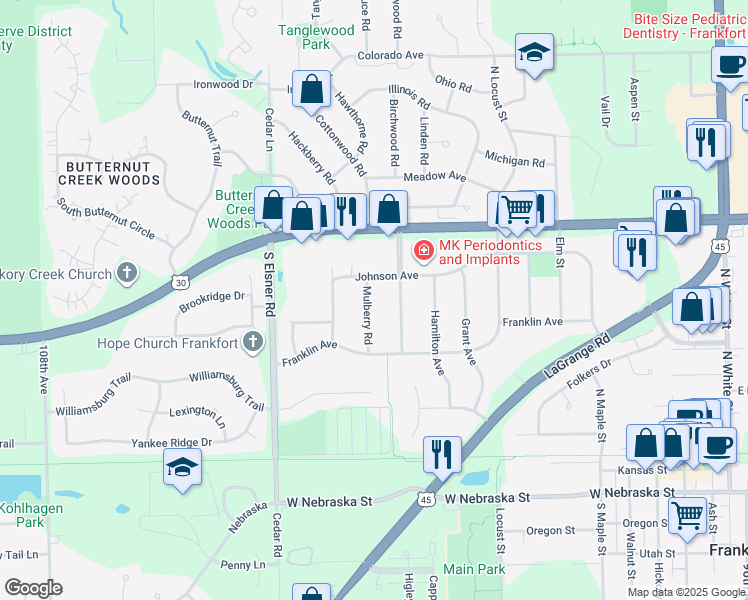 map of restaurants, bars, coffee shops, grocery stores, and more near 273 Mulberry Road in Frankfort