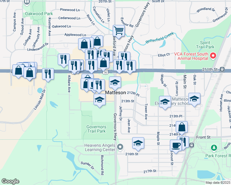 map of restaurants, bars, coffee shops, grocery stores, and more near in Matteson