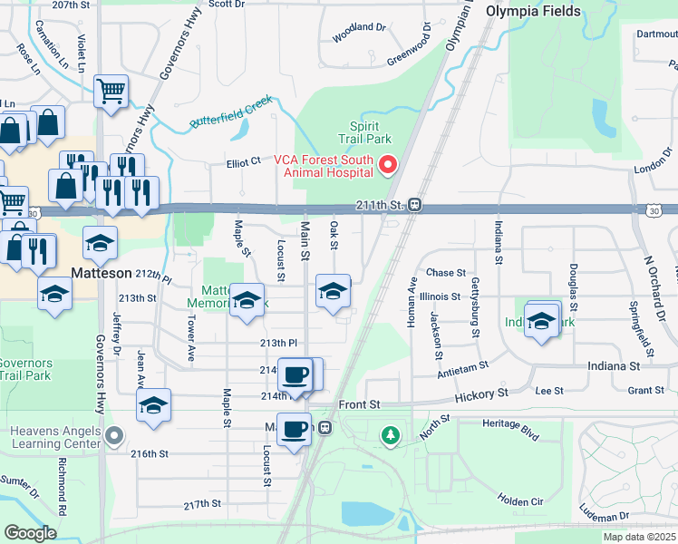 map of restaurants, bars, coffee shops, grocery stores, and more near 3525 212th Place in Matteson