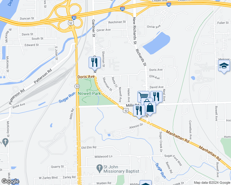 map of restaurants, bars, coffee shops, grocery stores, and more near 109 Charity Avenue in Joliet