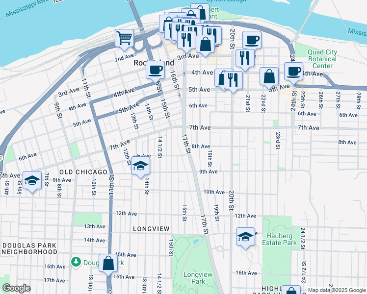 map of restaurants, bars, coffee shops, grocery stores, and more near 748 17th Street in Rock Island