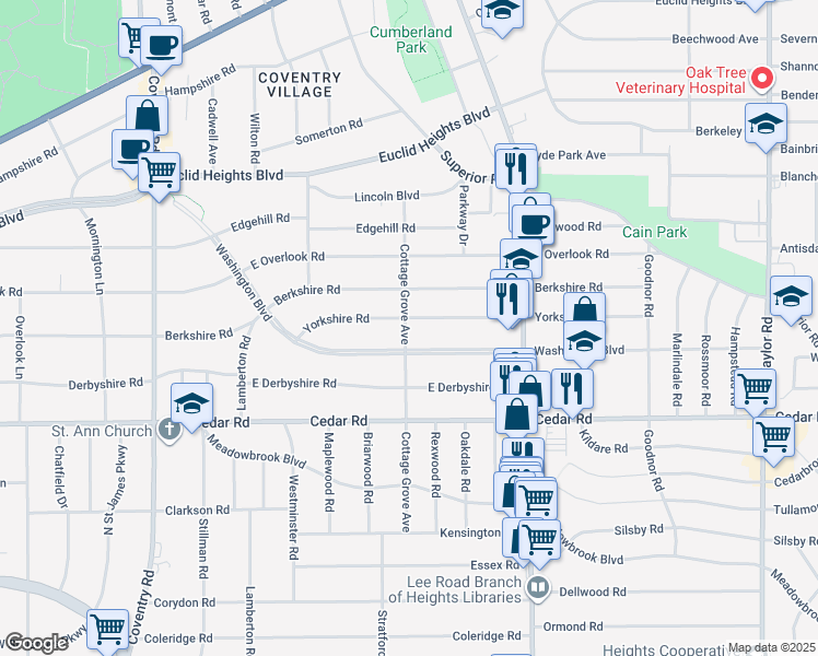 map of restaurants, bars, coffee shops, grocery stores, and more near 3075 Washington Boulevard in Cleveland Heights