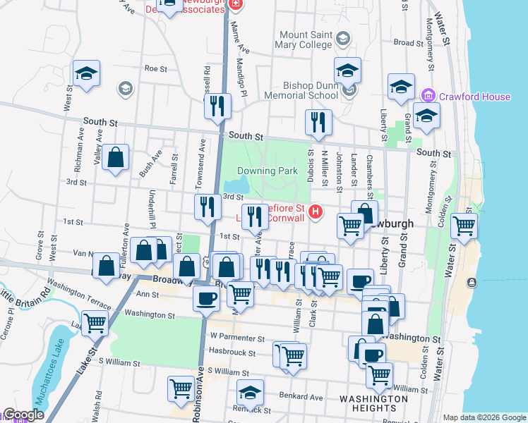 map of restaurants, bars, coffee shops, grocery stores, and more near 45 Carter Street in Newburgh