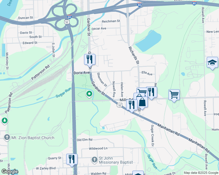 map of restaurants, bars, coffee shops, grocery stores, and more near 109 Charity Avenue in Joliet