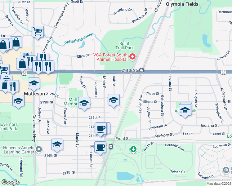 map of restaurants, bars, coffee shops, grocery stores, and more near 21209 Oak Street in Matteson