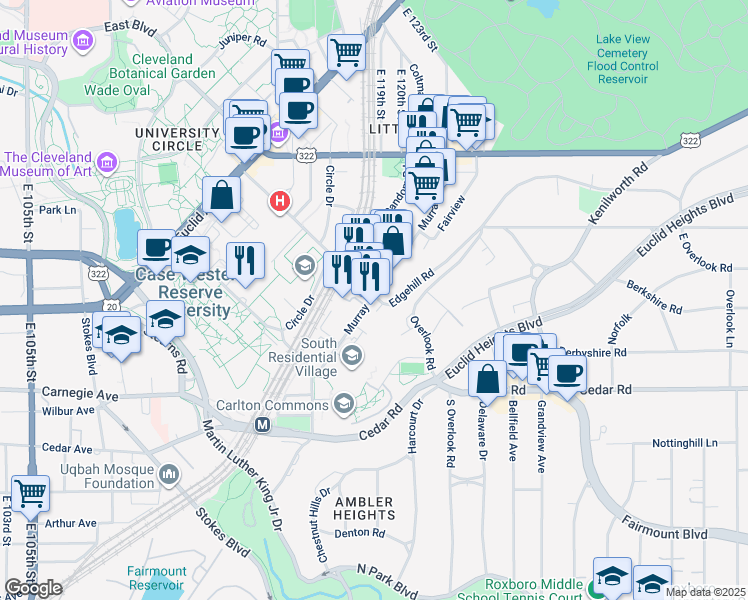 map of restaurants, bars, coffee shops, grocery stores, and more near 2230 Edgehill Road in Cleveland