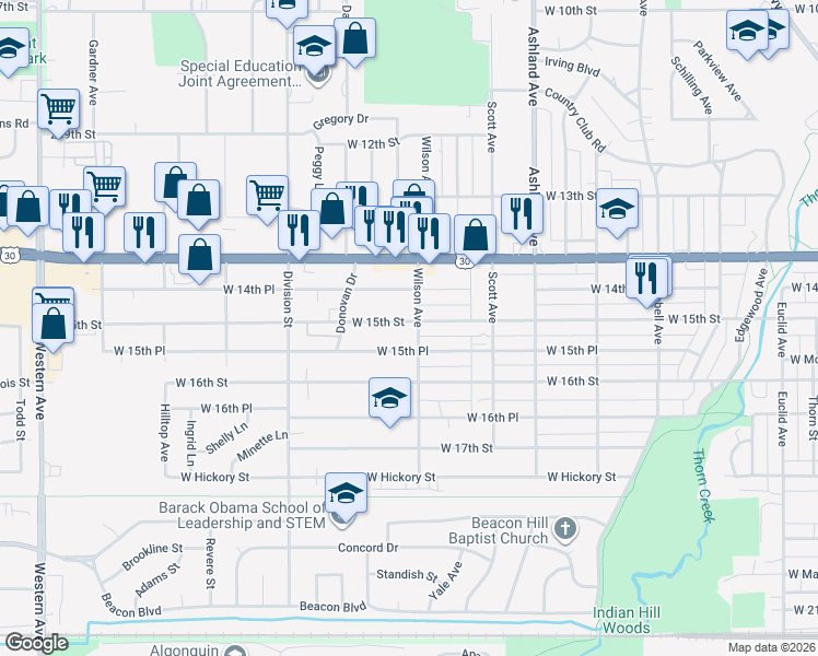 map of restaurants, bars, coffee shops, grocery stores, and more near 404 West 15th Street in Chicago Heights