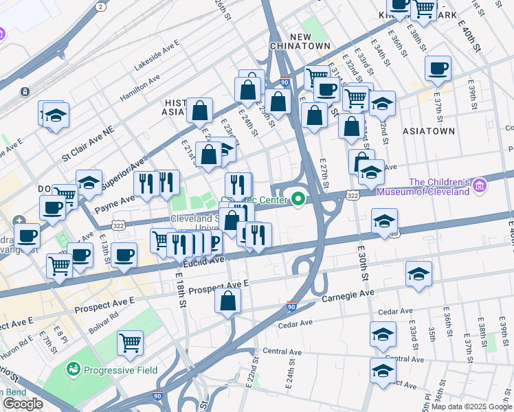 map of restaurants, bars, coffee shops, grocery stores, and more near 2543 East 23rd Street in Cleveland