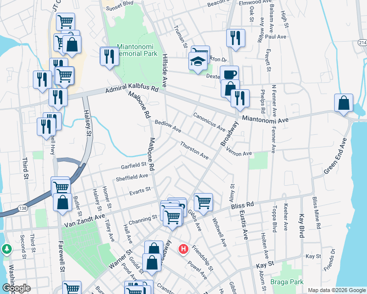 map of restaurants, bars, coffee shops, grocery stores, and more near 20 Thurston Avenue in Newport