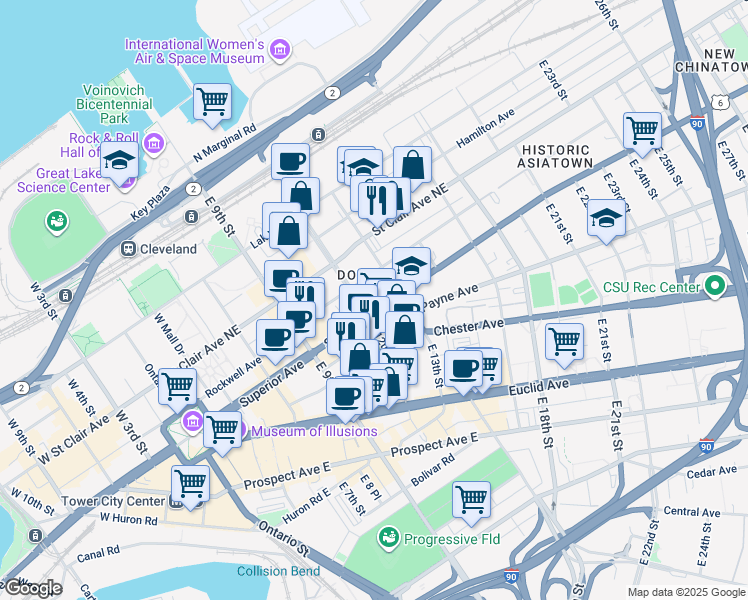 map of restaurants, bars, coffee shops, grocery stores, and more near 1701 East 12th Street in Cleveland