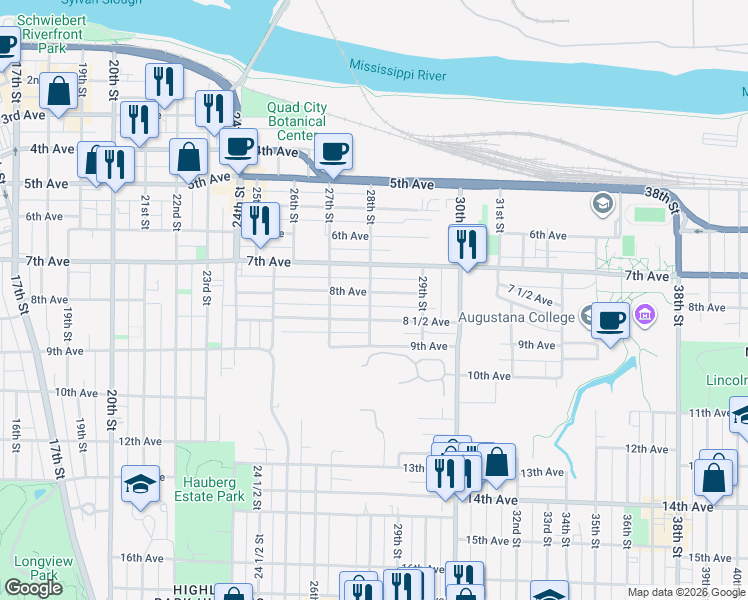 map of restaurants, bars, coffee shops, grocery stores, and more near 2739 8 1/2 Avenue in Rock Island