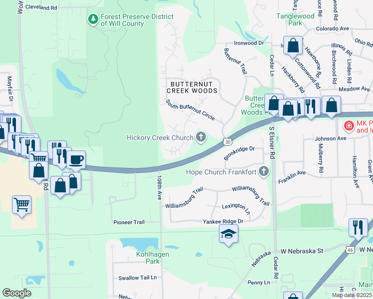 map of restaurants, bars, coffee shops, grocery stores, and more near 365 South Walnut Ridge Court in Frankfort