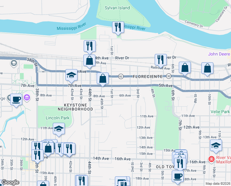 map of restaurants, bars, coffee shops, grocery stores, and more near 610 1st Street in Moline