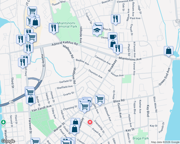 map of restaurants, bars, coffee shops, grocery stores, and more near 20 Thurston Avenue in Newport