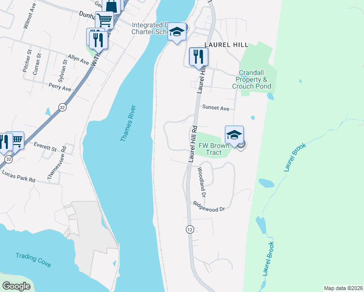 map of restaurants, bars, coffee shops, grocery stores, and more near 495 Laurel Hill Road in Norwich