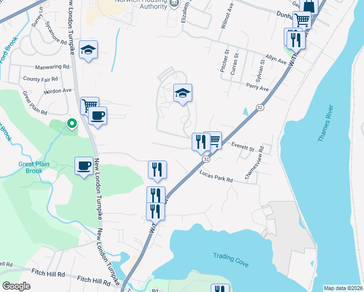 map of restaurants, bars, coffee shops, grocery stores, and more near 527 West Thames Street in Norwich