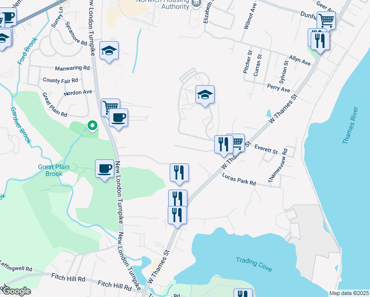 map of restaurants, bars, coffee shops, grocery stores, and more near 527 West Thames Street in Norwich