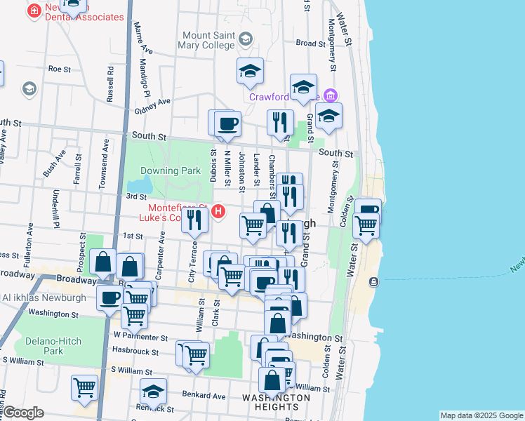 map of restaurants, bars, coffee shops, grocery stores, and more near 86 Chambers Street in Newburgh