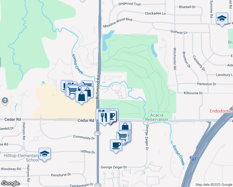 map of restaurants, bars, coffee shops, grocery stores, and more near 5200 Three Village Drive in Lyndhurst