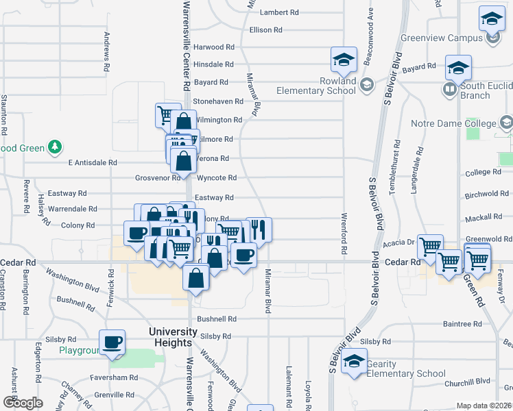 map of restaurants, bars, coffee shops, grocery stores, and more near 4095 Colony Road in South Euclid