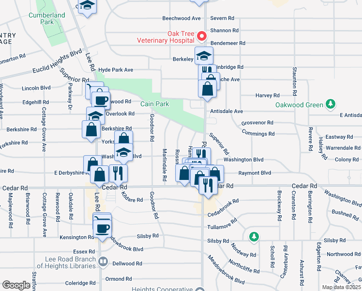 map of restaurants, bars, coffee shops, grocery stores, and more near 3403 Washington Boulevard in Cleveland Heights