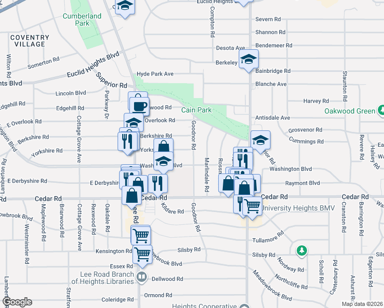 map of restaurants, bars, coffee shops, grocery stores, and more near 3321 Washington Boulevard in Cleveland Heights