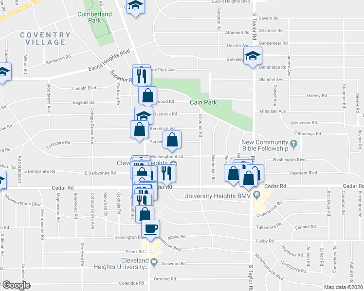 map of restaurants, bars, coffee shops, grocery stores, and more near 3277 Washington Boulevard in Cleveland Heights