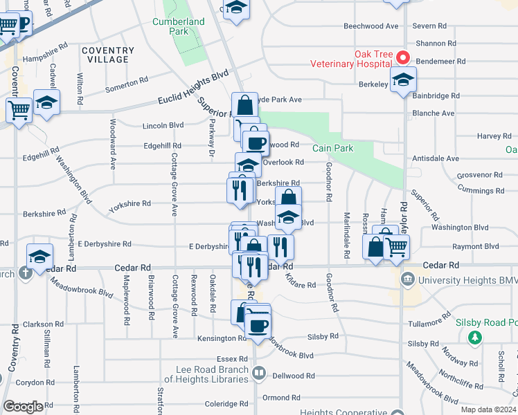 map of restaurants, bars, coffee shops, grocery stores, and more near in Cleveland Heights