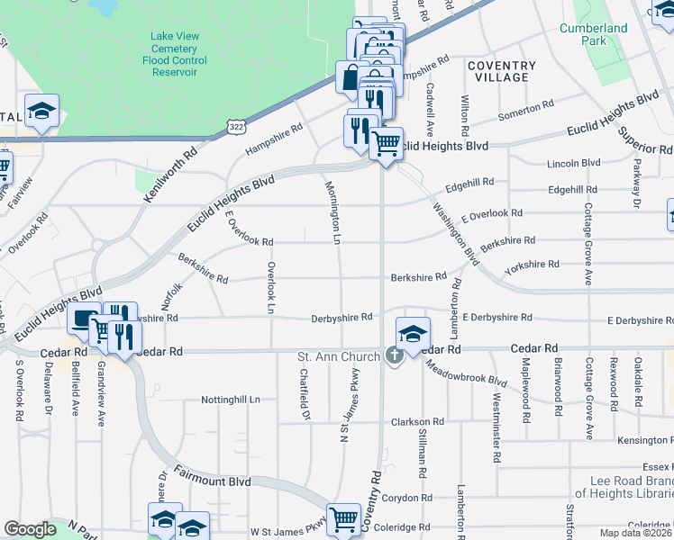 map of restaurants, bars, coffee shops, grocery stores, and more near 2736 Mornington Lane in Cleveland Heights